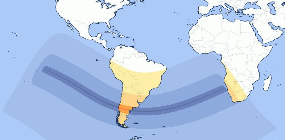 Mapa que muestra donde se apreciará el eclipse solar