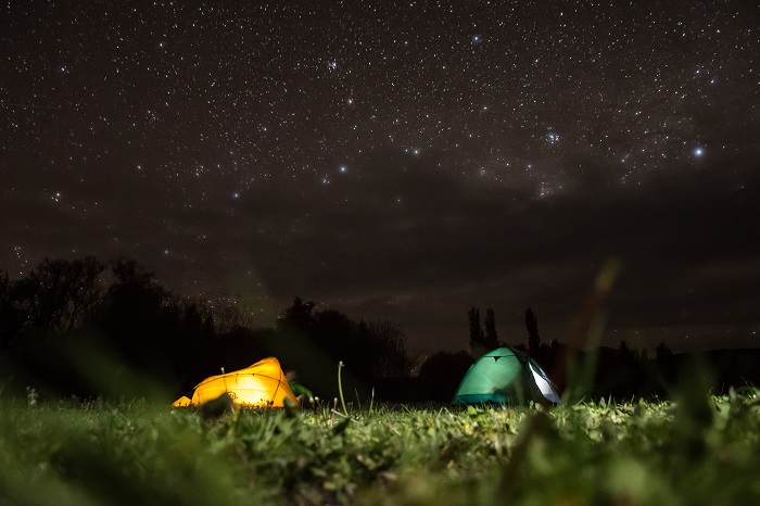 Dos carpas en la noche debajo de un cielo estrellado.