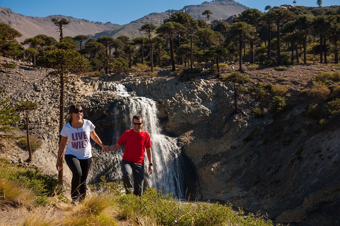 Pareja agarrada de la mano con una cascada de fondo y bosques de araucarias. Parte del recorrido del sendero de las cascadas de Caviahue.