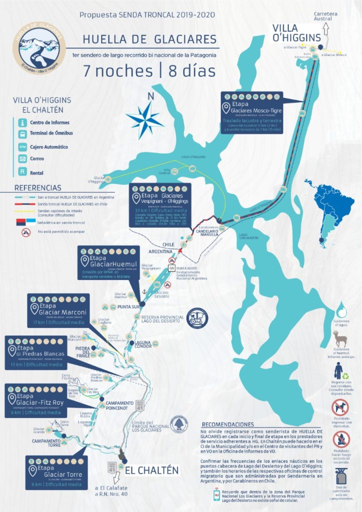 Avanza el proyecto Huella Glaciares. Mapa del recorrido.