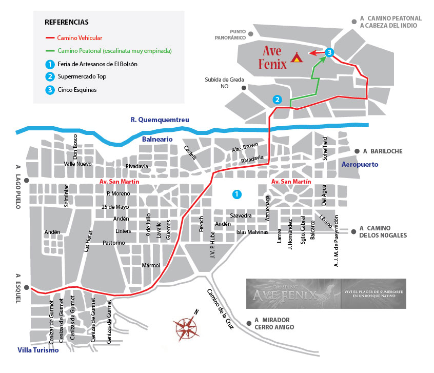 Mapa para llegar al camping Ave Fénix en El Bolsón