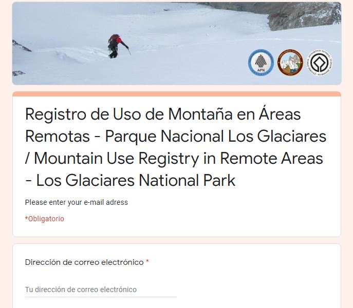 Planilla para completar el registro online de senderos de El Chaltén.