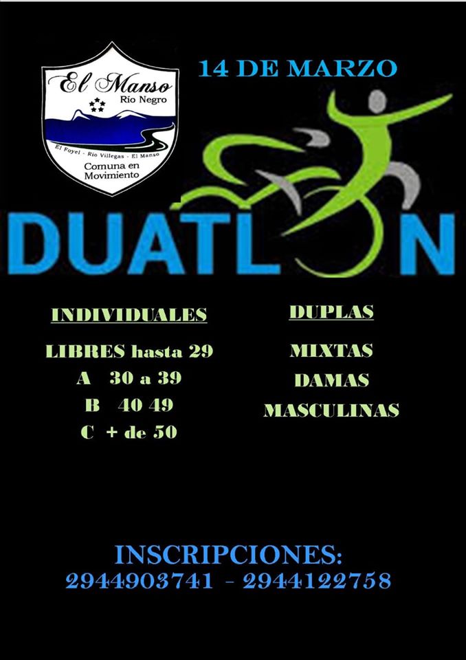 Flyer de duatlón que tendrá lugar en el marco de la Fiesta del paraíso en El Manso.