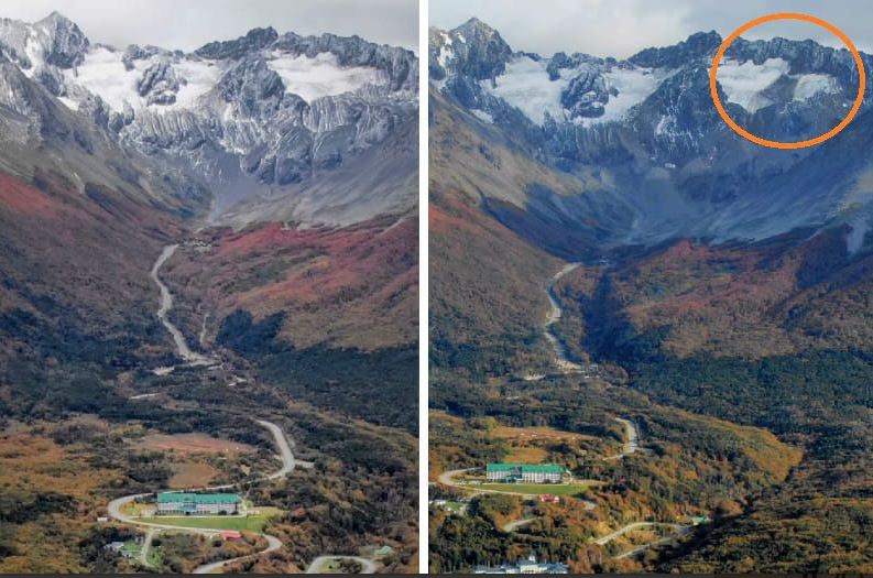 Mancha en el glaciar Martial, foto comparativa.